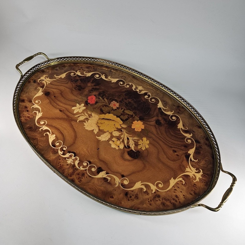 Antique Marquetry Inlaid Burl Wood Brass Handle Serving Tray Brass Gallery Italy